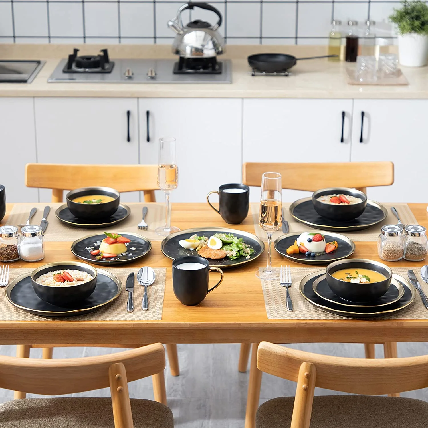 LOVECASA, 16-Piece Stoneware Dinnerware Sets, Dark Green and Gold Dinner Set, for 4 People