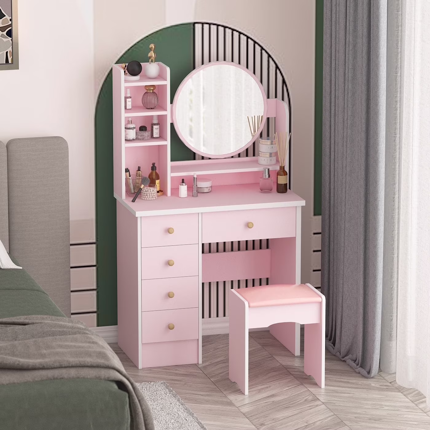 OXYLIFE Makeup Vanity Desk Table with Sliding LED Lighted Mirror, Cushion Stool, 4 Drawers and Shelves, White+Gray