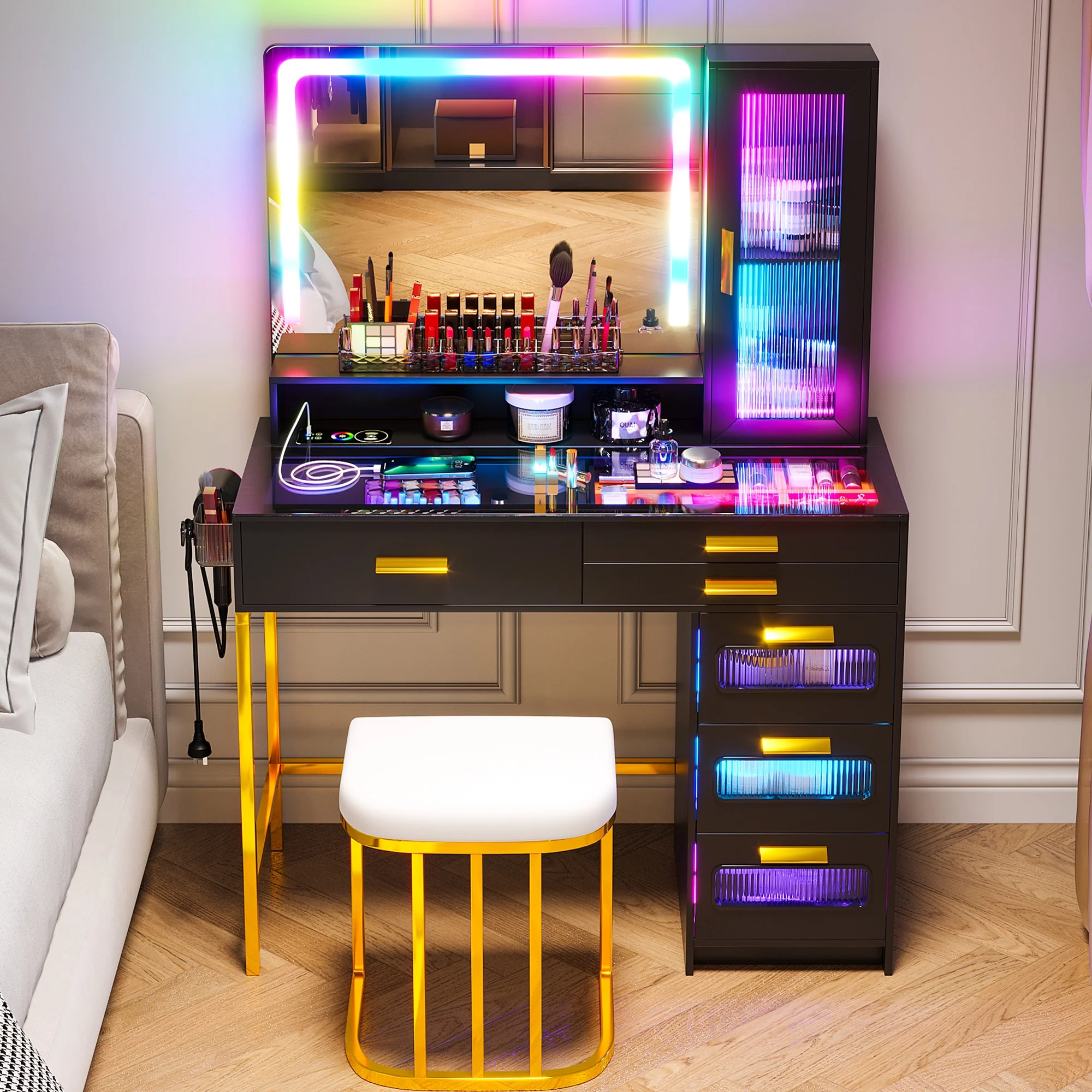 HNEBC Vanity Desk with Mirror and RGB Lights, Glass Top Makeup Vanity with Auto Sensor Lights and Wireless Charging, Vanity Table Set with Cushion Stool, Dressing Table with 6 Drawers (White)