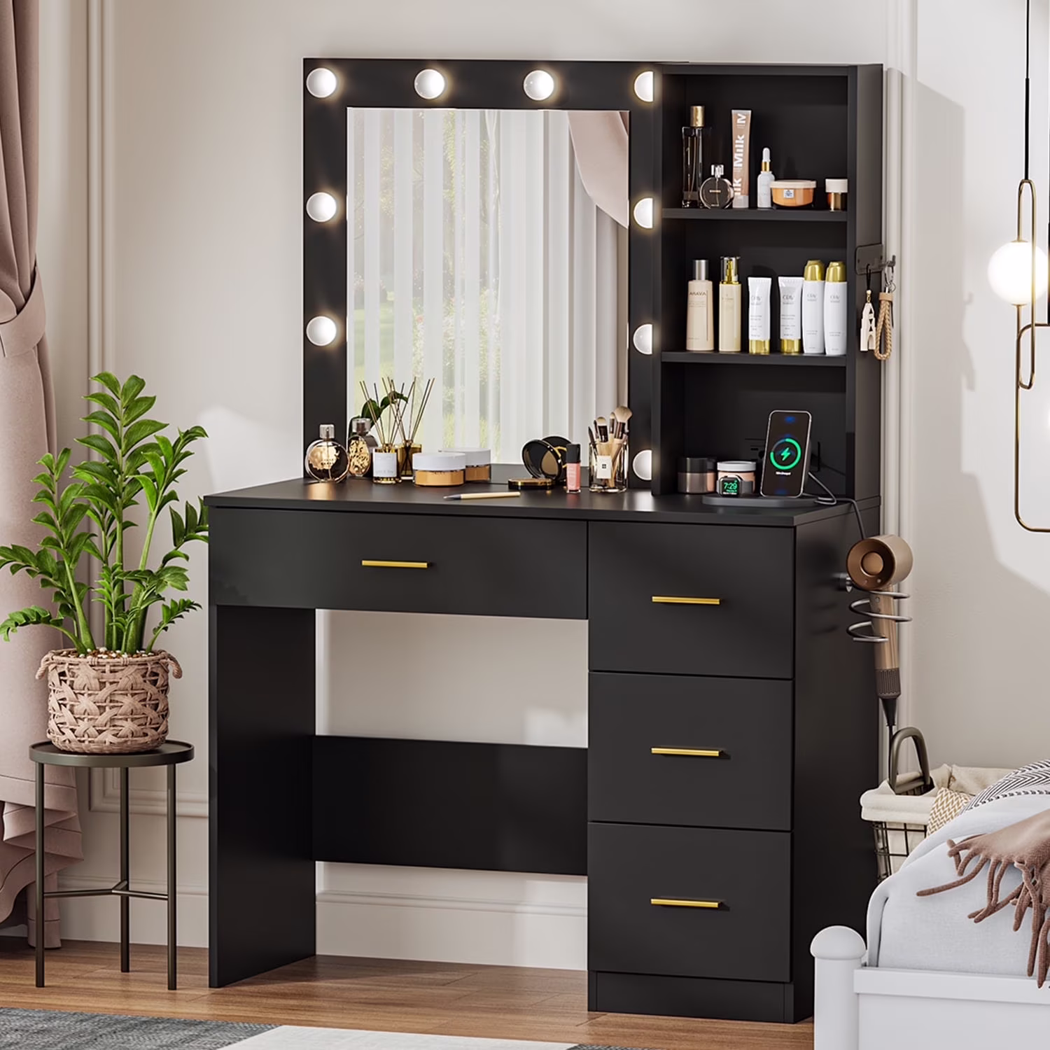 Cottinch Vanity Desk 3 Color Lighted Mirror,Makeup Dressing Table with 4 Drawers and Storage Shelves,2 Outlets,2 USB Ports,White