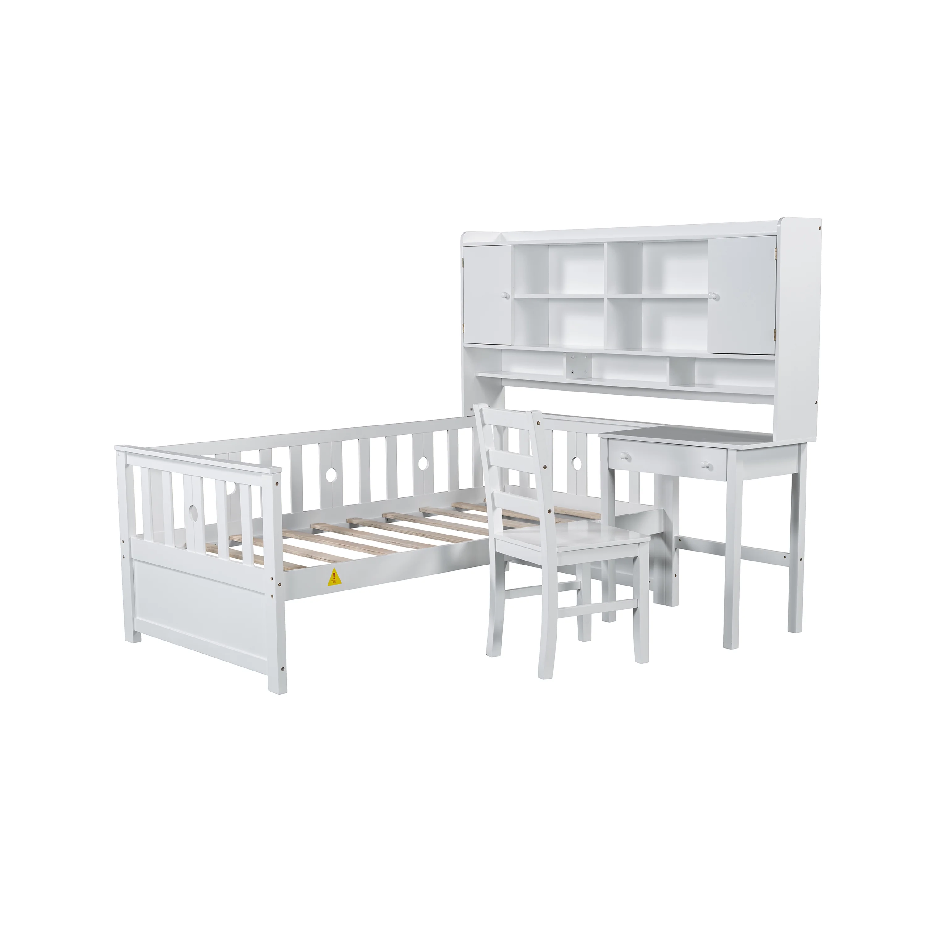 Euroco Wood Twin Size Platform Bed with Desk and Shelves, Table and Chair Set for Kids, Natural