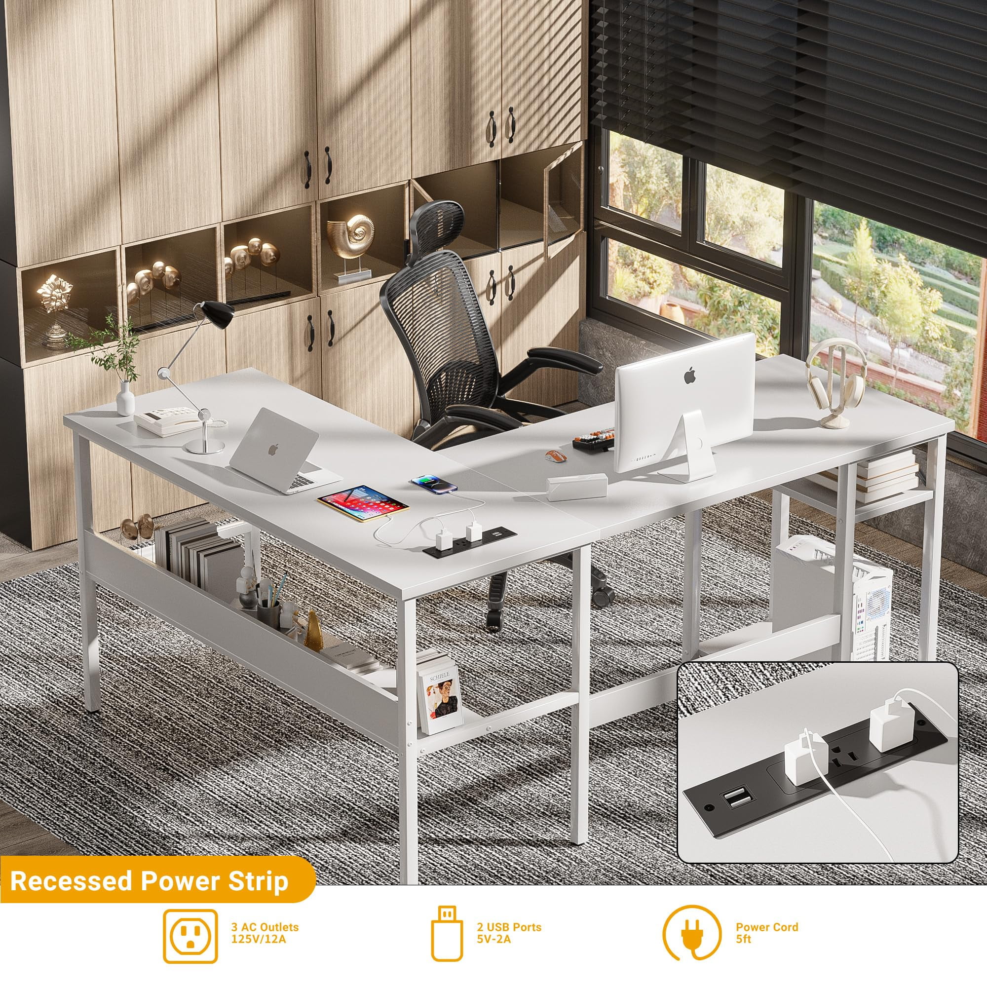 Homieasy Reversible L Shaped Desk with Magic Power Outlets and USB Charging Ports, Sturdy Corner Computer Desk with Storage Shelves, Gaming Table Home Office Desk, Easy to Assemble, Black Oak
