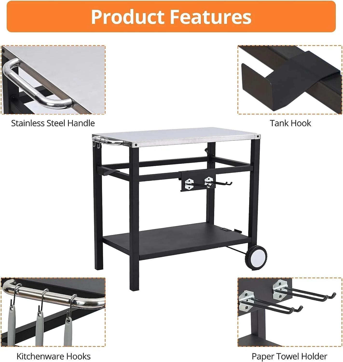 EastVita Outdoor Grill Cart Pizza Oven Stand, BBQ Prep Table Helpdesk with Wheels, Double-Shelf Grilling Cart Tabletop Griddle Cooking Station for Bar, Patio, Camping