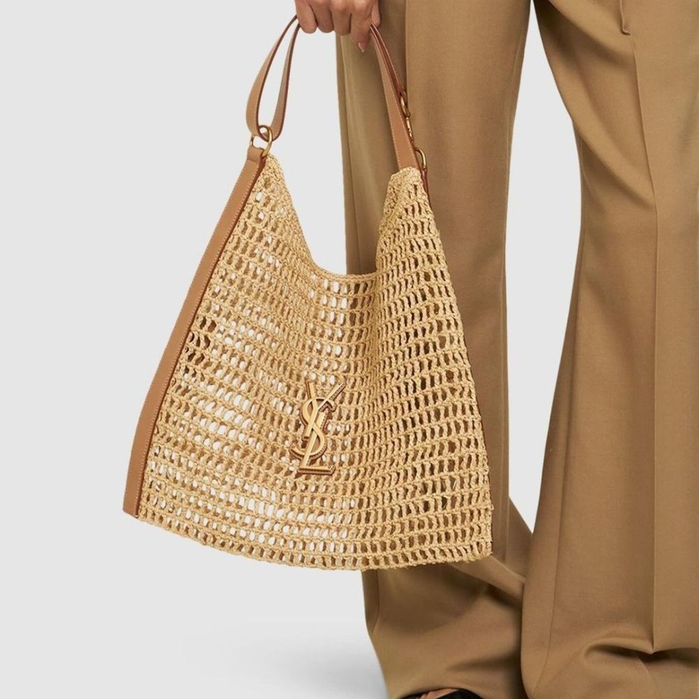 Saint Laurent Oxalis Tote Raffia Crochet & Leather Vintage Brown 16.1 Inches 773984GAAEB9718