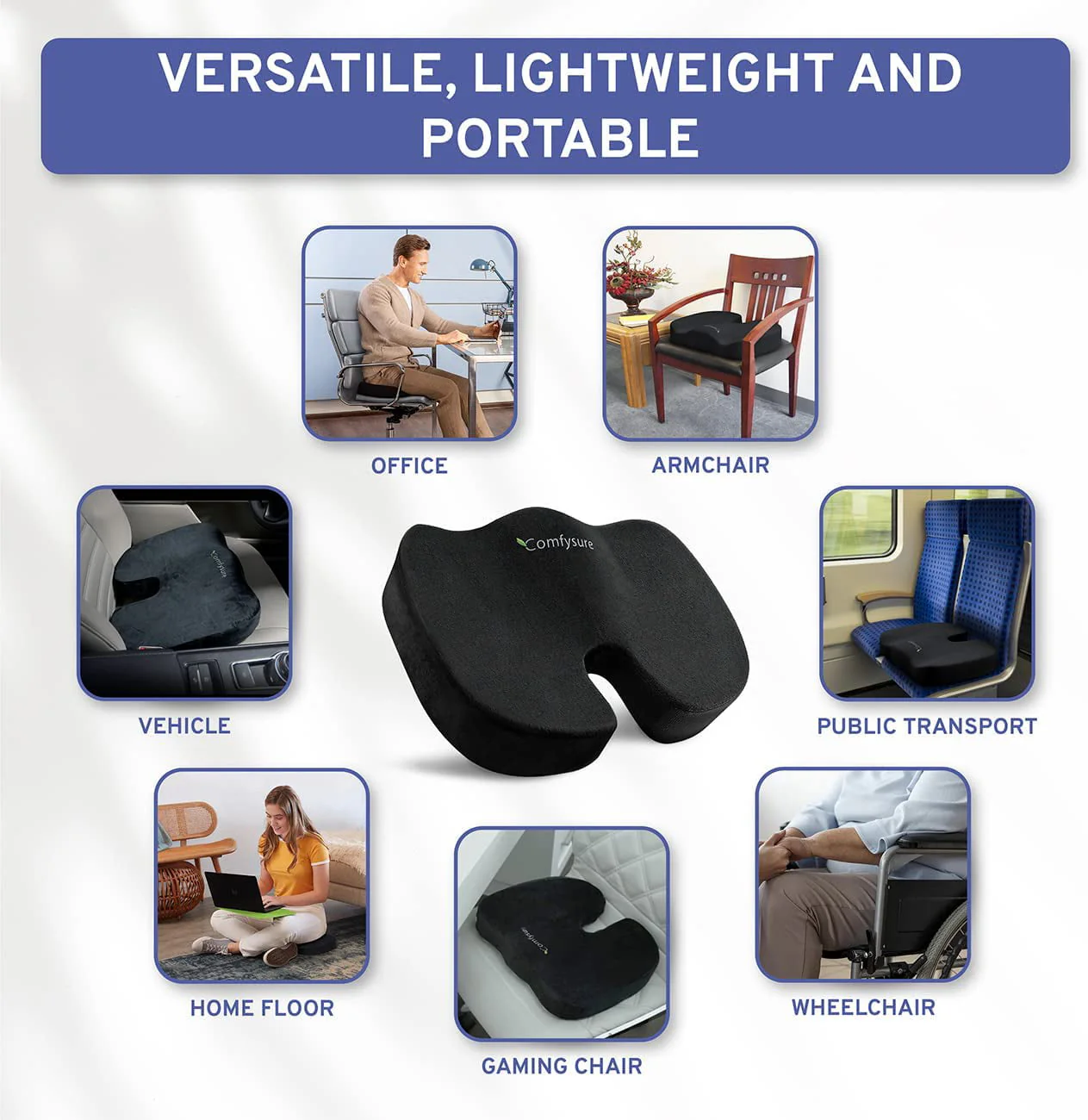 Memory Foam Seat Cushion with Removable Microfiber Cover - Coccyx, Tailbone, Sciatica, Lower Back Support and Pain Relief - Fits Most Office, Desk, Computer Chairs and Car Seats �?by ComfySure