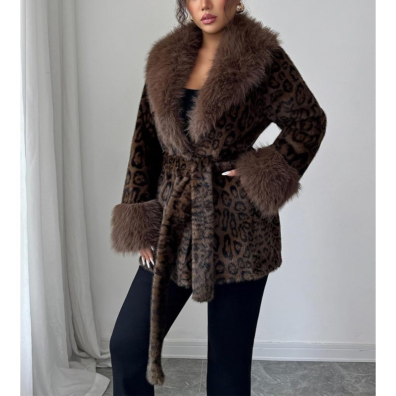 Women's Leopard Print Fluffy Faux Fur Coat Winter Shaggy