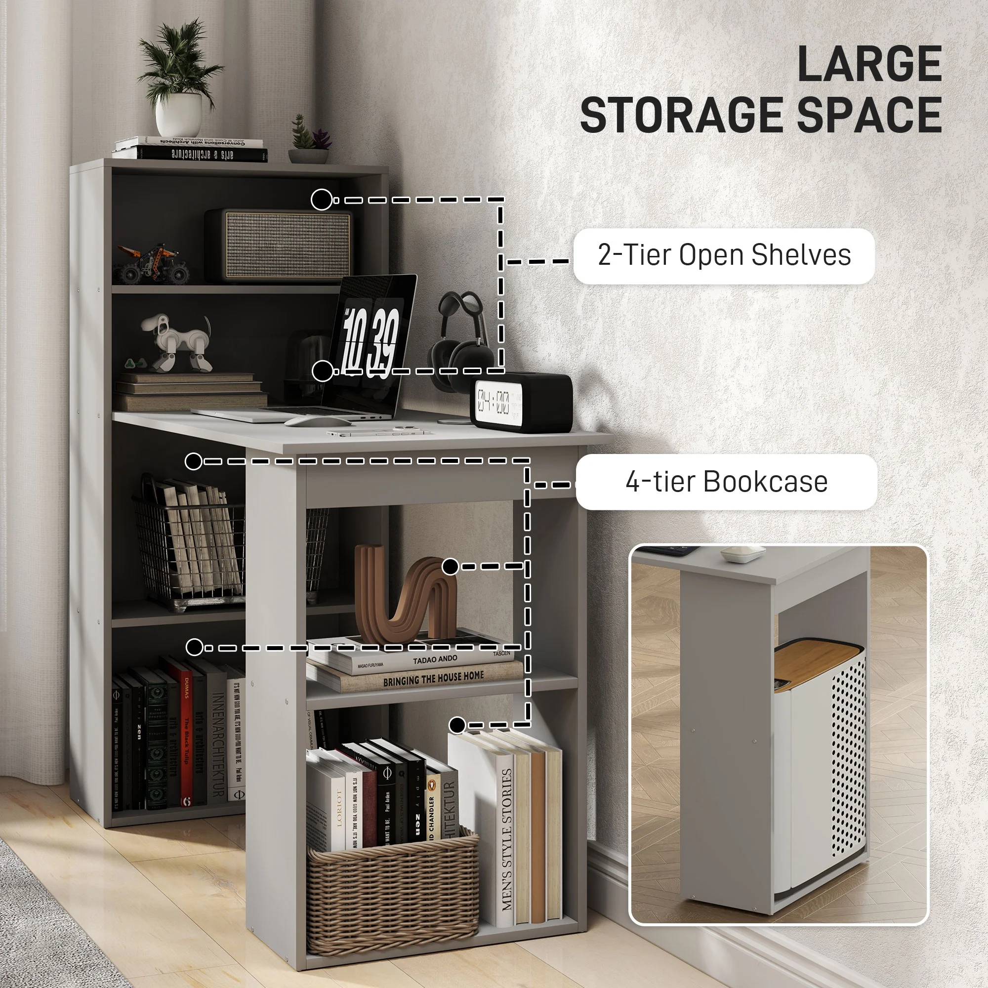 HOMCOM Modern Compact Computer Desk with 6-Tier Storage Shelves, Writing Table Workstation with Bookshelf for Home Office, Gray