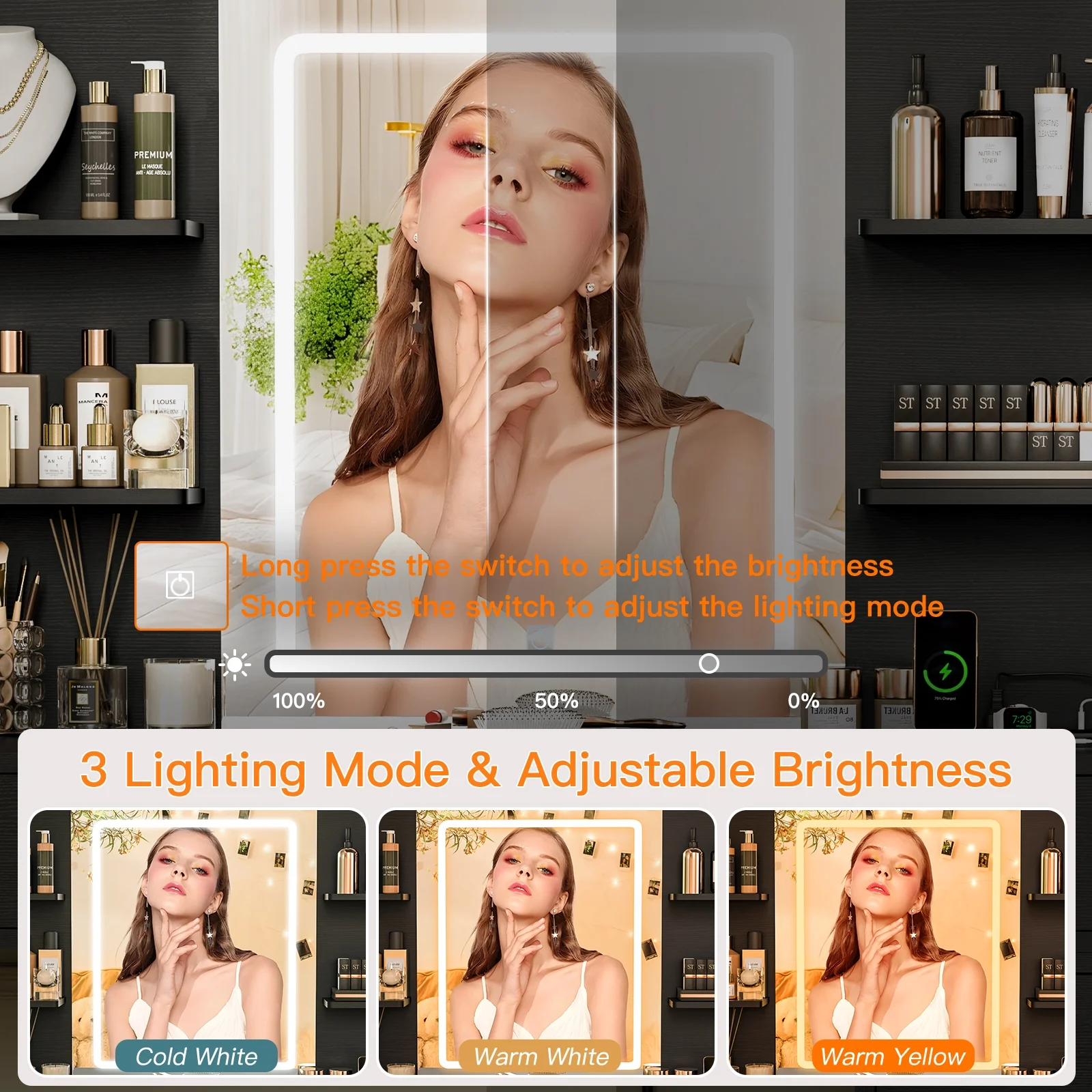 Vanity Makeup Desk with LED Light Mirror & Power Outlet, 8 Drawers, 6 Storage Shelves, 3 Color Modes & Adjustable Brightness Dressing Table, Corner Vanity, L Shape Change, 39.4��Desk, Black
