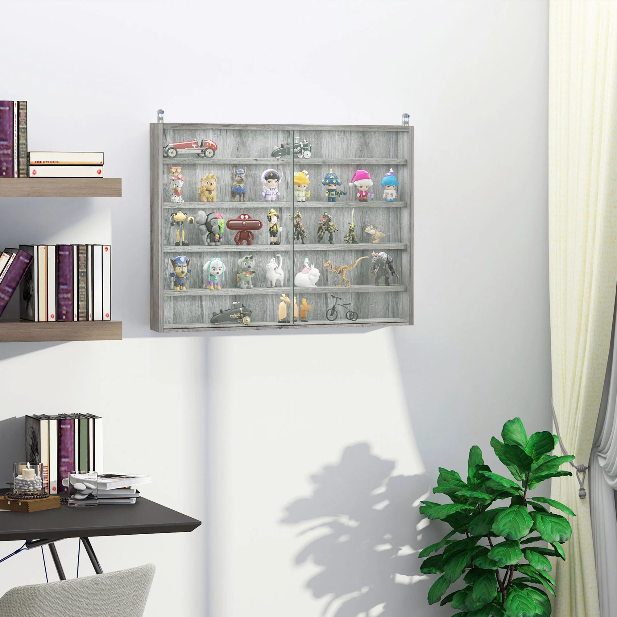 DUOSONG 5-Tier Display Cabinet, Glass Display Case With 2 Doors And Adjustable Shelves, Wall-Mounted, Grey Gray Glass Furniture Primary Living Space Cabinets