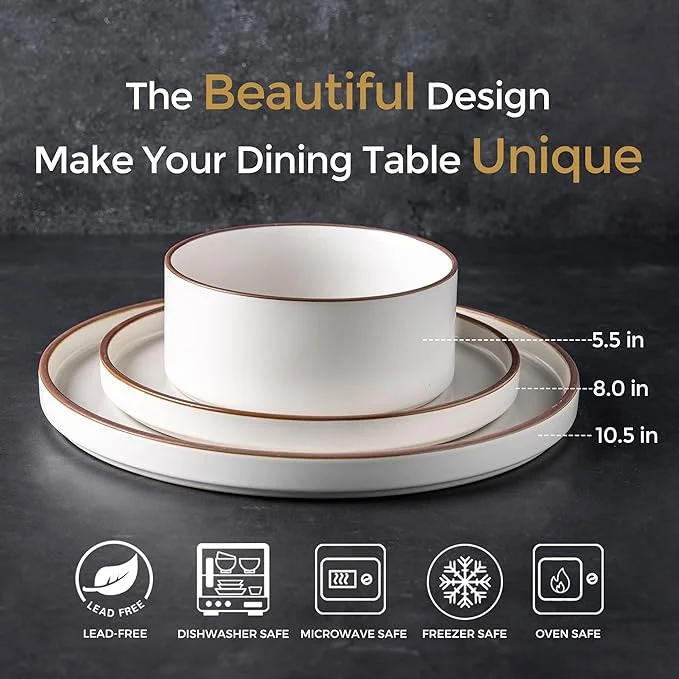 Vanilla White High-Rim Ceramic Dinnerware Set for 8 Shatterproof Oven Dishwasher Microwave Safe