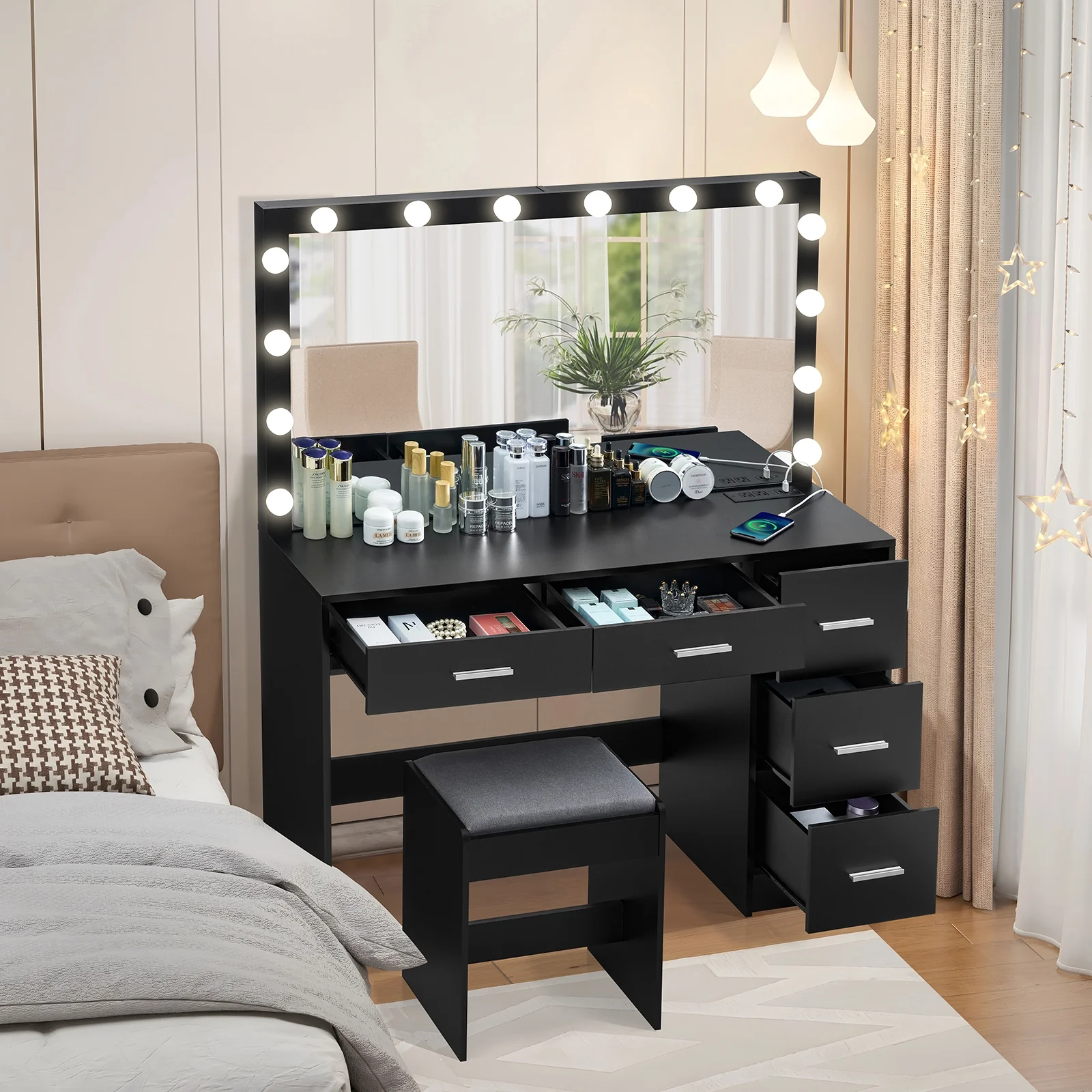 USIKEY Bedroom Adjustable Makeup LED Lights Desk, and Mirror Table Set, White