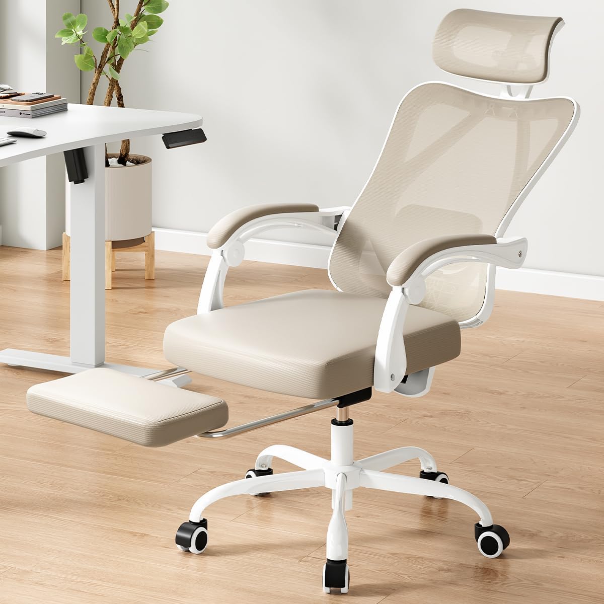 STARY Ergonomic Office Chair with Footrest, High Back Mesh Desk Chair with Adjustable Headrest & Lumbar Support, Comfortable Computer Chair for Home Office Study, White & Beige