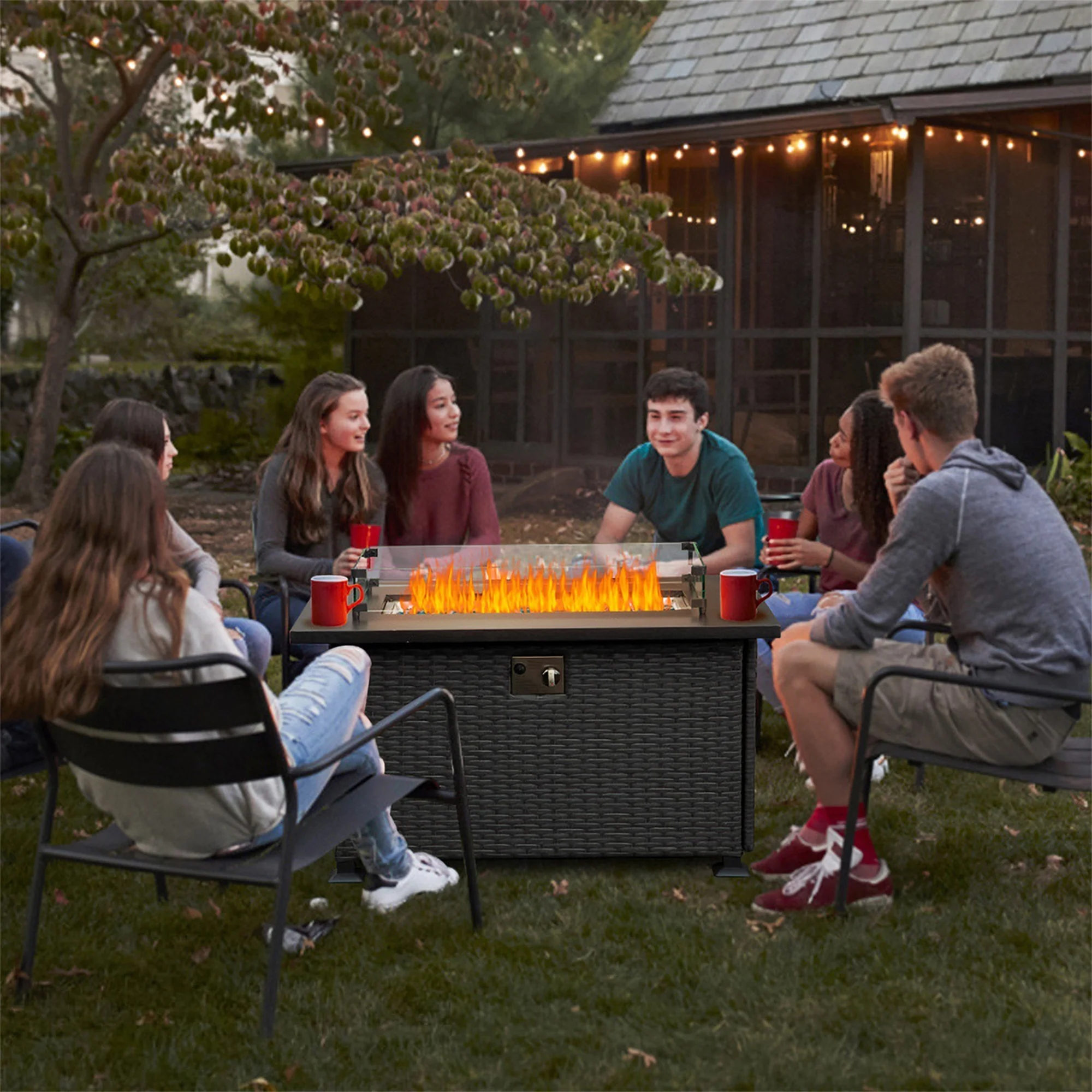 Outdoor Gas Fire Pit, SYNGAR 43 inch 50,000 BTU Auto-Ignition Propane Fire Pit Table with Glass Wind Guard, Volcanic Stones and Lid, 2-in-1 Fire Pit Table for Patio, Garden, Backyard, Deck, Poolside
