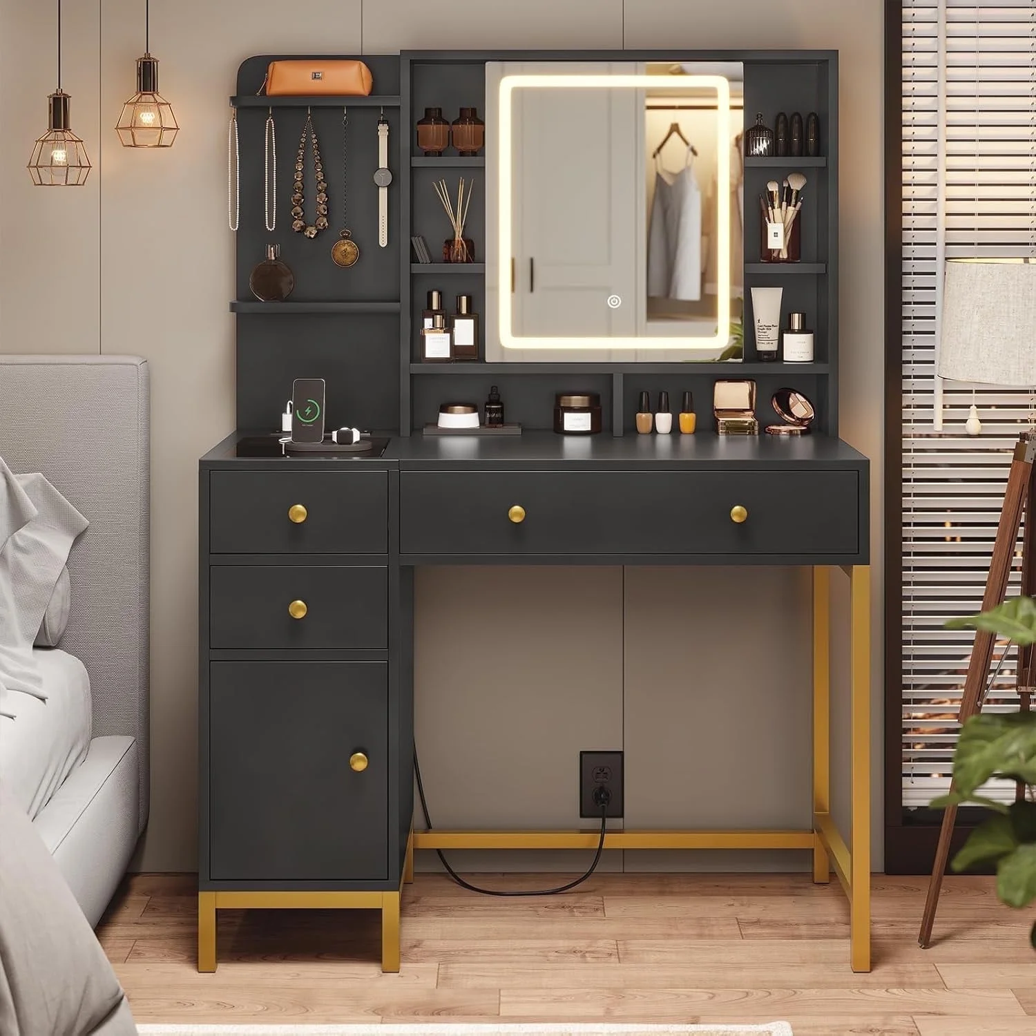 AOGLLATI Makeup Vanity with Lights in 3 Colors, White Vanity Desk with Mirror and Lights, Vanity Table with Charging Station, Makeup Desk with Visible Drawers, Hidden and Open Storage Shelves