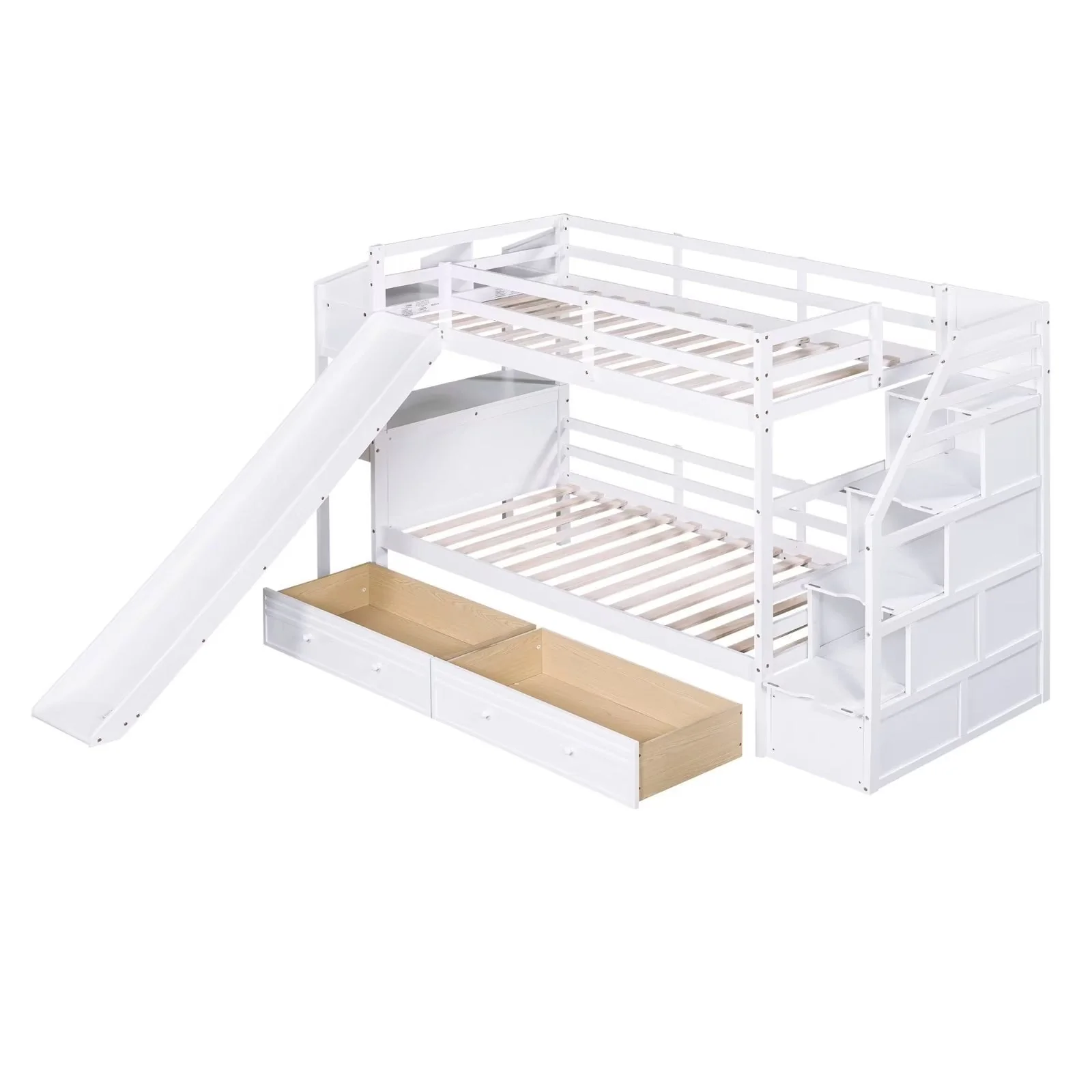 Twin over Twin Bunk Bed Frame with Storage Staircase, Slide and Drawers, Desk with Drawers and Shelves, Multifunctional Wooden Platform Bed with Safety Guardrails, White