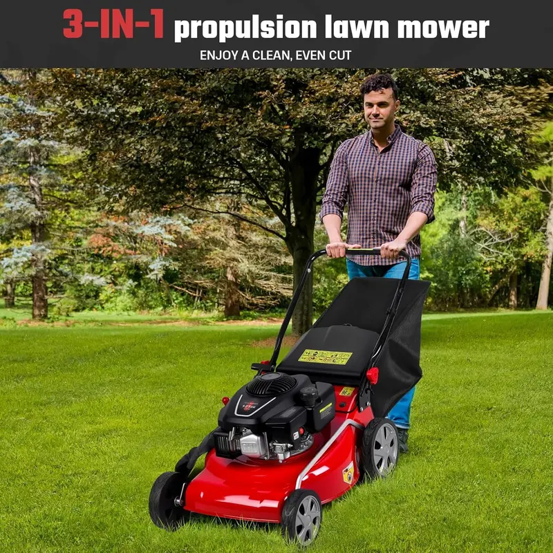 18-Inch 3-in-1 Self-Propelled Gas Lawn Mower – 131cc Engine. 50L Grass Catcher. Heavy-Duty Yard Maintenance