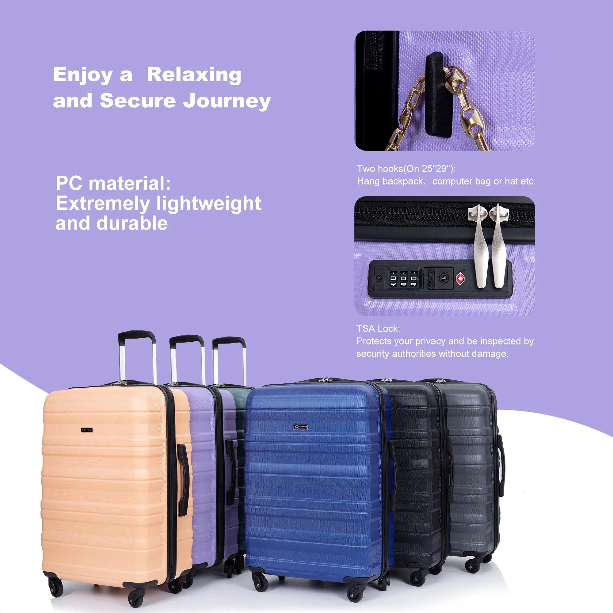 PAPROOS Hardside Luggage Set, 3 Piece 21in 25in 29in Carry on Suitcases Set with 2 Hooks and TSA Lock, Modern Lightweight Luggage Set, Hardshell Expandable Suitcase Set for Family Travel, Black