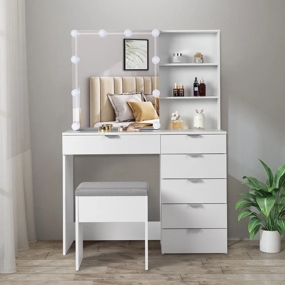 Resenkos Vanity Set with Mirror and 10LED Lights Makeup Vanity Desk Chair with 6 Drawers White