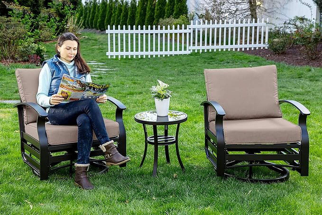 ALAULM 3 Piece Patio Outdoor Aluminum Metal Swivel Rocking Chair with 1 Coffee Table and 2 Khaki Padded Cushions Outdoor Metal Swivel Rocking Chair Furniture Conversation Set for Porch Garden