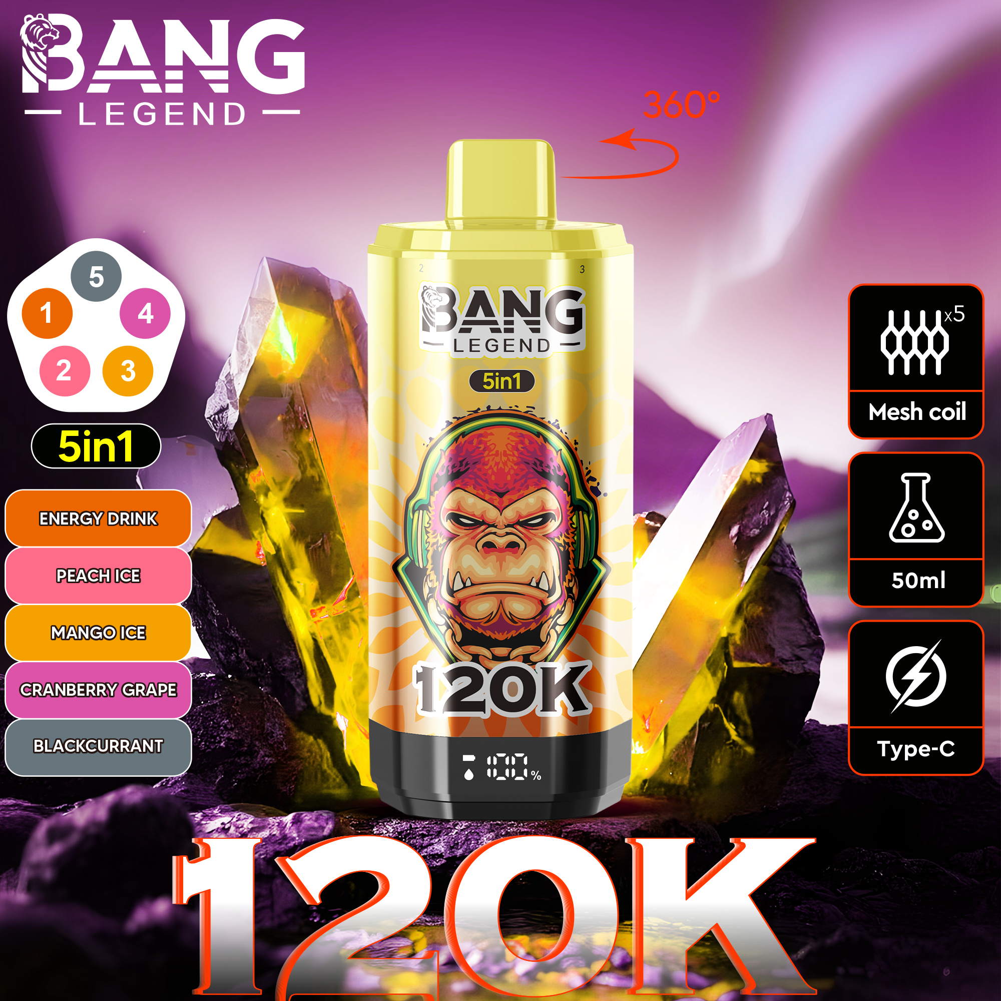 BANG Legend 120 000 potiahnutí (5v1) | Jednorazová e-cigareta s 360° rotáciou a LCD