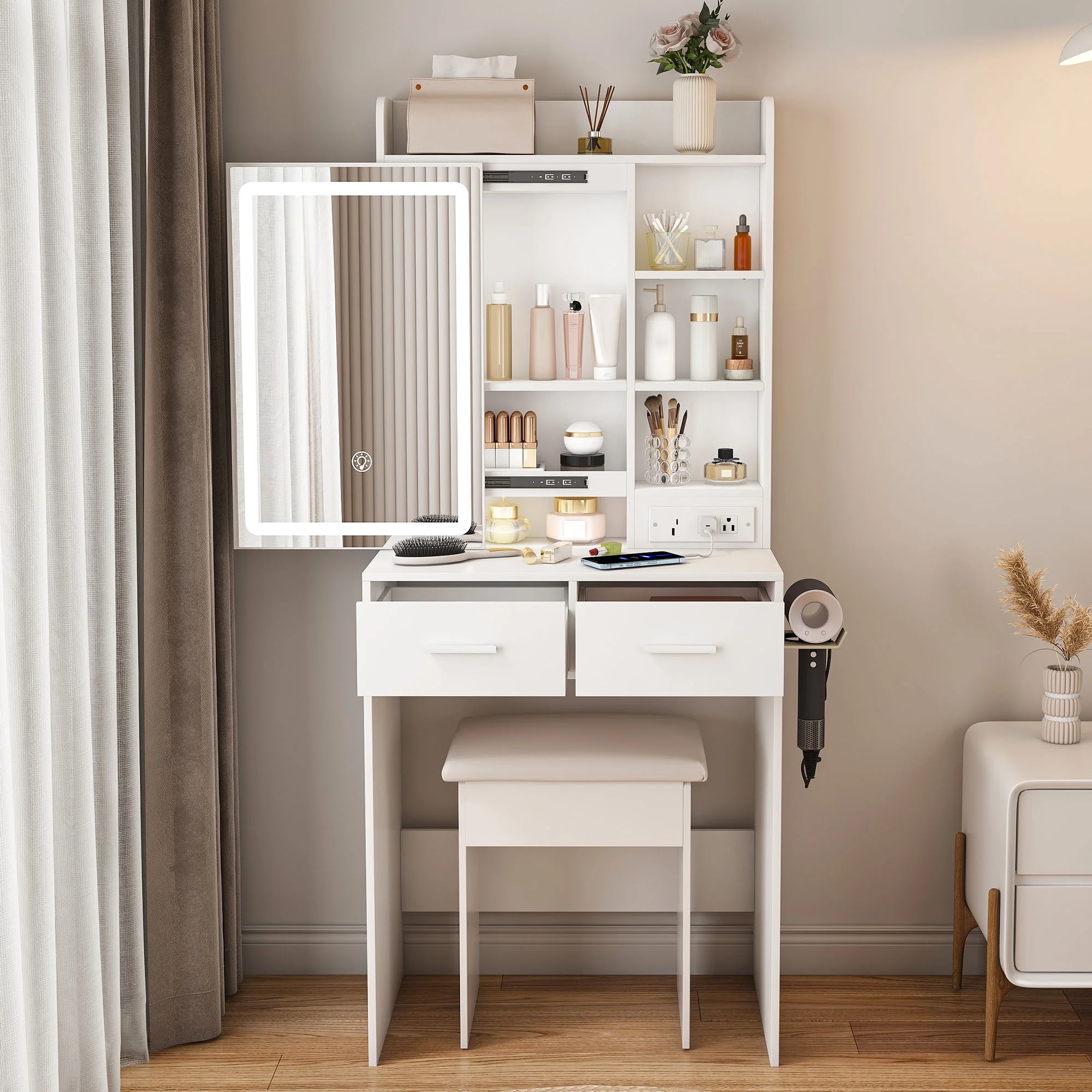 Small White Makeup Vanity Desk with Mirror and Adjustable LED Lights, Built-in Power Outlet and Hidden Storage
