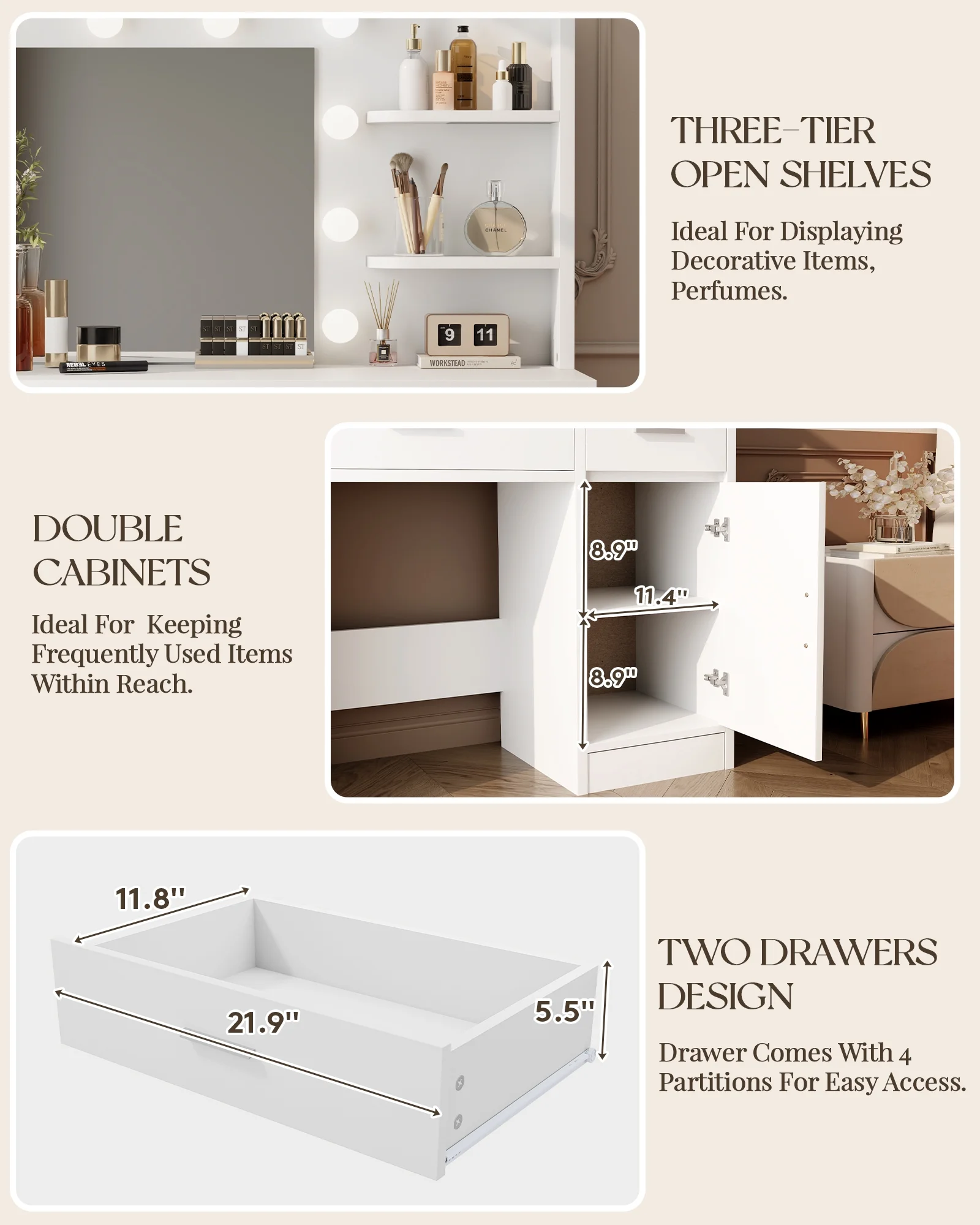 LIVELYGLOW Vanity Desk with Mirror and Lights, Makeup Vanity with Drawer & Storage Shelves, Cabinet, 3 Lighting Modes Adjustable Brightness,White