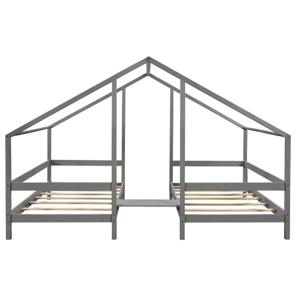 Double Shared Twin Size Canopy Platform Beds with Built-in Desk, Bedroom Wood House Bedfram for Kids, Adults and Teen, No Spring Box Required, Solid Upgrade