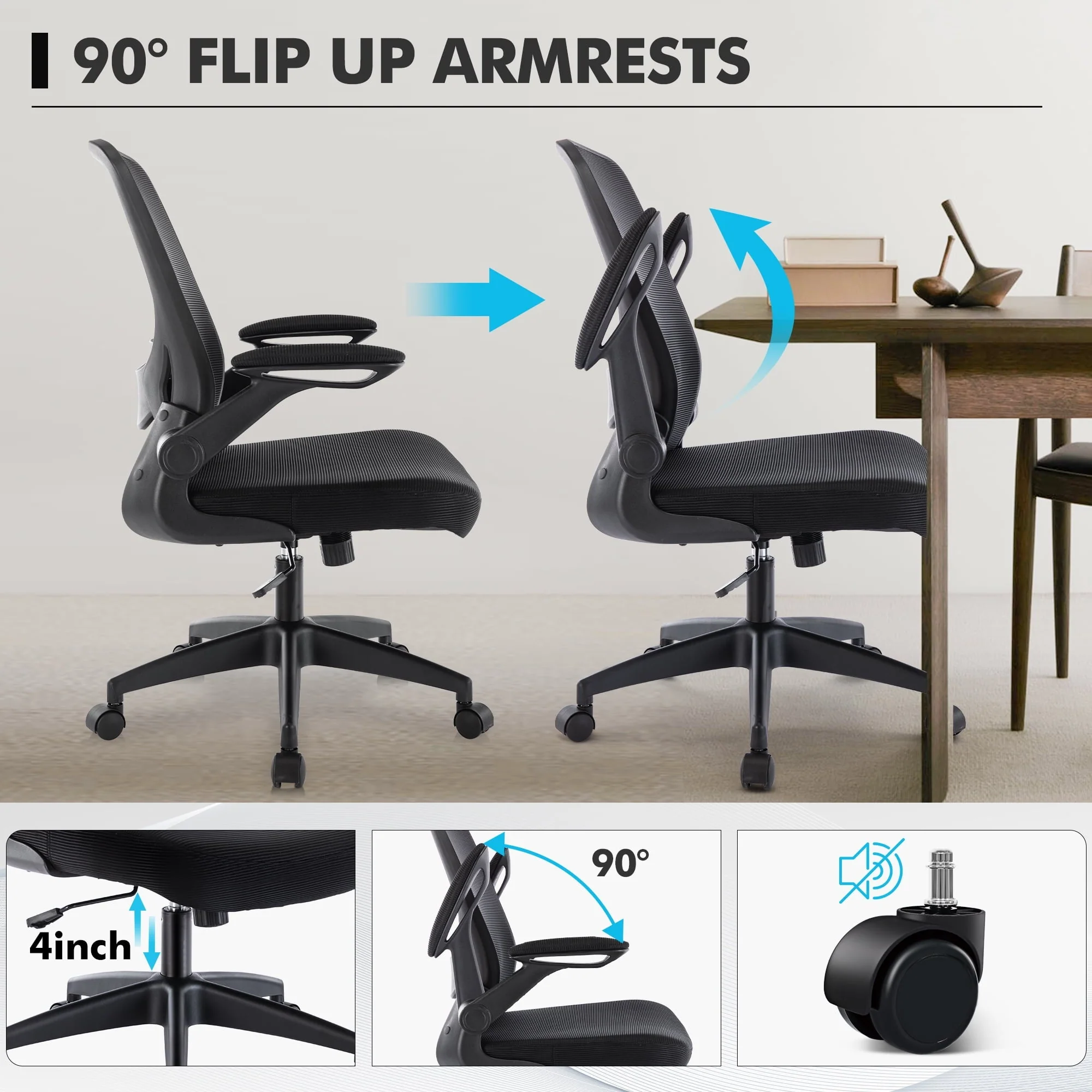 Coolhut Ergonomic Office Chair, Lumbar Support Ergonomic Mesh Desk Chair with Flip-up Arms (Black)