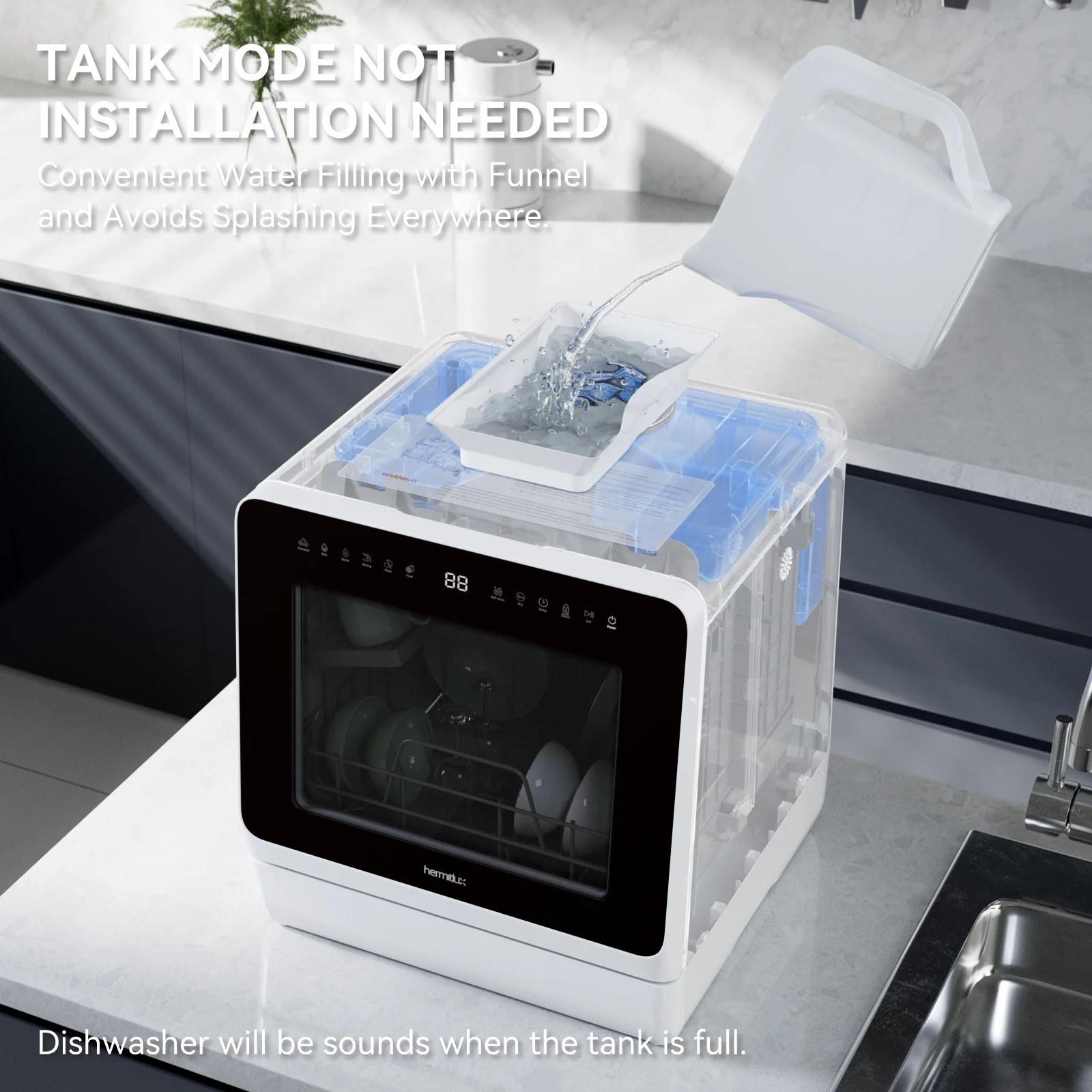 Hermitlux Portable Countertop Dishwasher, 5 Washing Programs, 5L Built-in Water Tank and Air-Dry Function, HMX-DW03