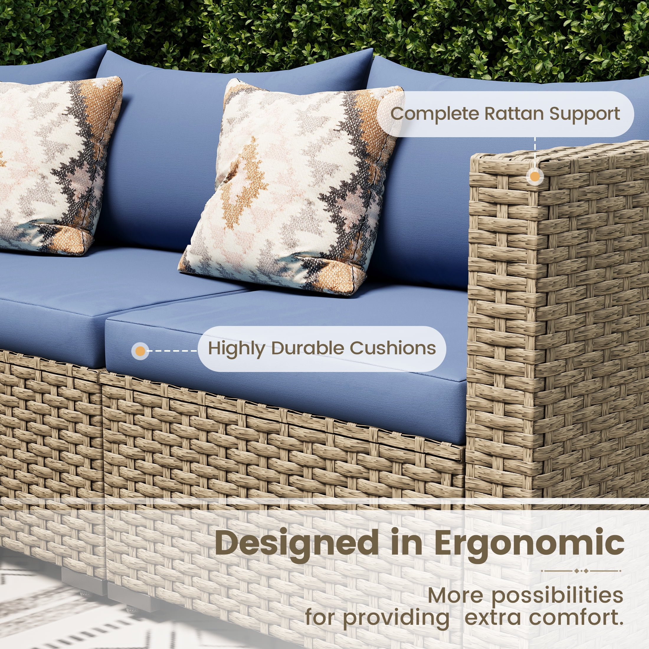 POTEBAN 7 Pieces Outdoor Patio Furniture Set, Grey Rattan Wicker Outdoor Conversation Sectional Sofa Set with Cushions for Backyard, Green