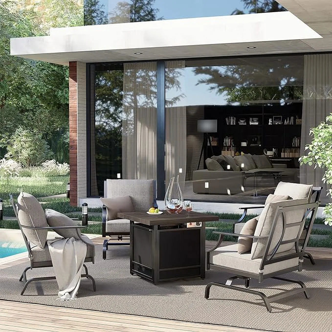 Grand Patio 5-Piece Patio Furniture Conversation Sets with Propane Fire Pit Table Cushioned Rocking Chairs Set of 4, Steel Frame, Gray