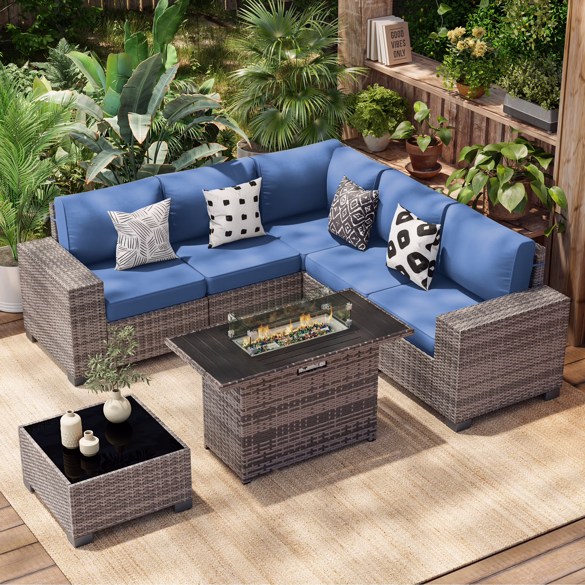 Poteban Patio Furniture Set 6 PCS Outdoor Sectional Conversation Sets Featuring Widen Wicker Armrests and High Back, Black (Waterproof Covers Included)