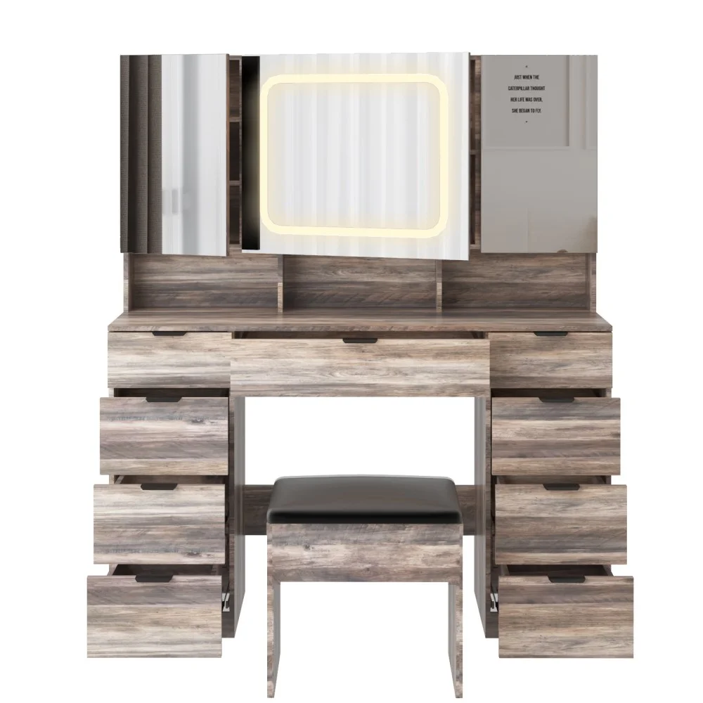 IVV Vanity Desk Set with Large LED Lighted Mirror & Power Outlet, Makeup Dressing Table with 9 Drawers and 3 Cabinets in Mirrored Doors, 47