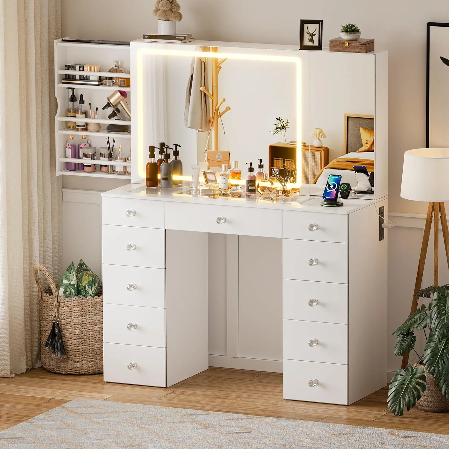 PAKASEPT Vanity Set with Lighted Mirror, Large Vanity Desk with Charging Station, Makeup Vanity Table with 11 Drawers & Hidden Sliding Storage Cabinet & Visible Glass Tabletop for Bedroom (White)