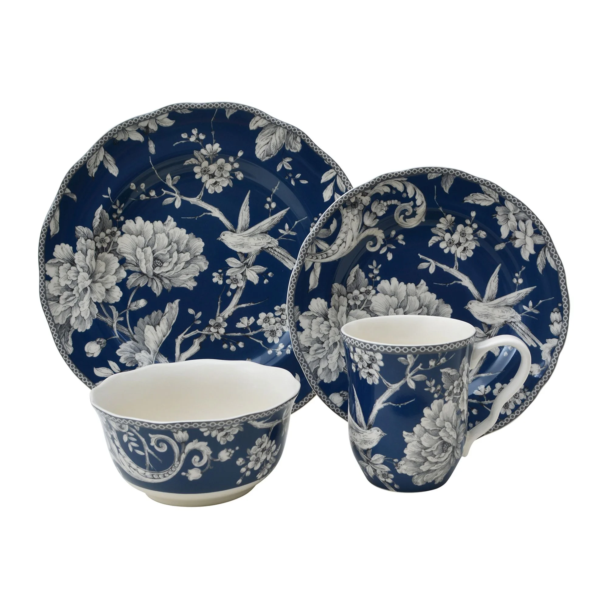 222 Fifth Adelaide Round 16-Piece Porcelain Dinnerware Set, Black Toile