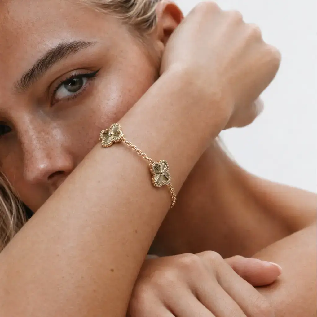 14K Gold Plated Clover Bracelet for Women - Lucky Charm Four Leaf Clover Bracelet Station with Cubic Zirconia - Hypoallergenic Trendy Fashion Stackable Clover Jewelry