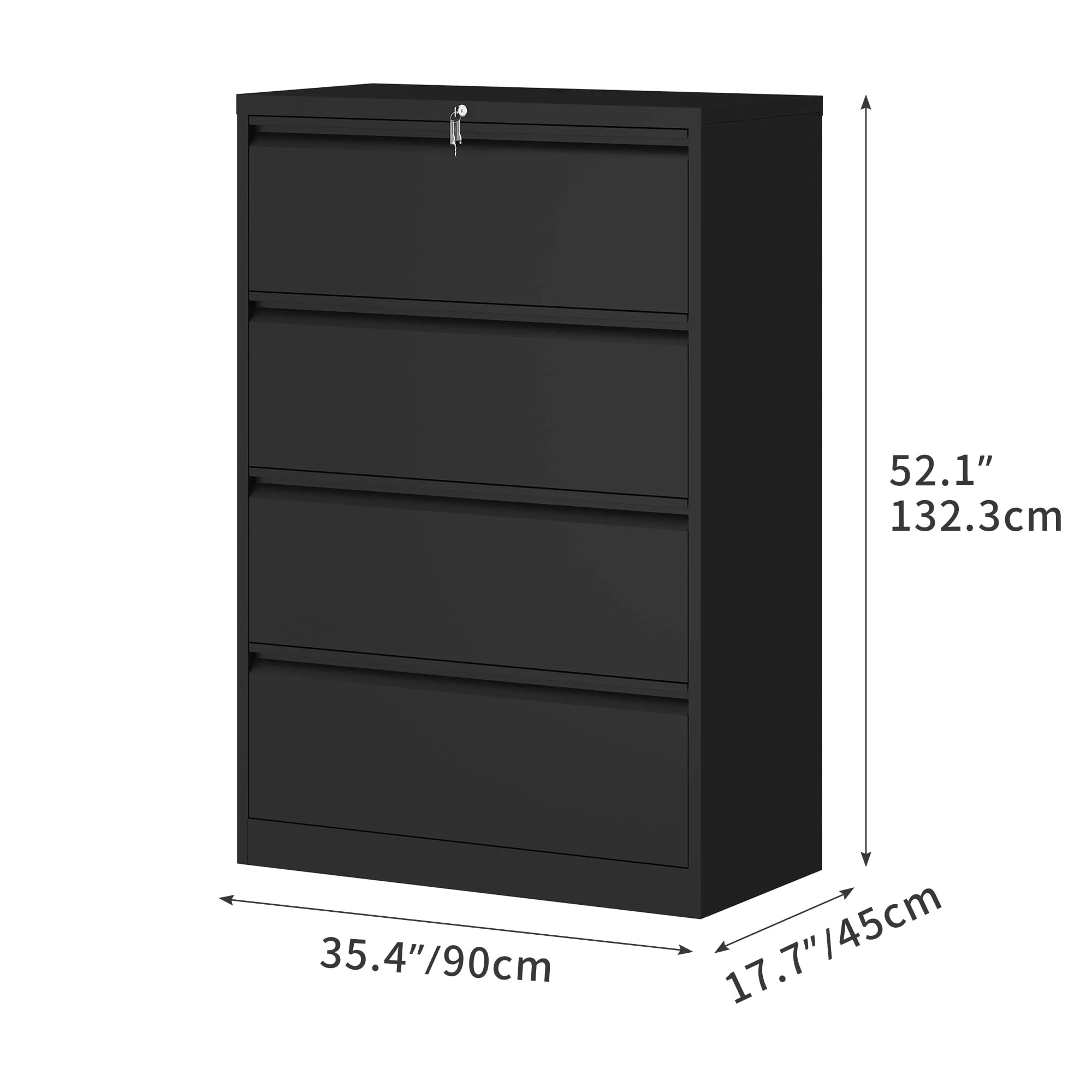 Dextrus Lateral Filing Cabinet with Lock, 4 Drawer Metal Stainless Steel Wide Lateral File Cabinet for Legal/Letter A4 Size, Office Organizer Storage Cabinet (Black)