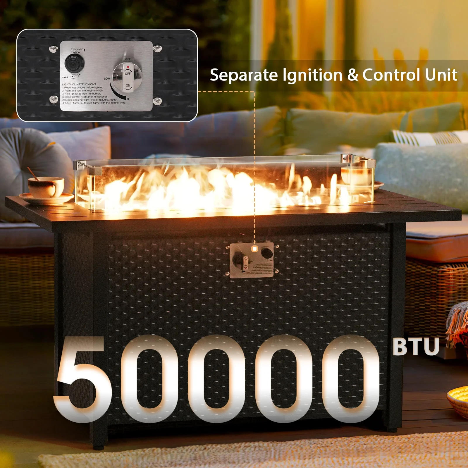 JOIVI 45�� Propane Fire Pit, 50,000 BTU Gas Fire Pit Table with Glass Wind Guard and Waterproof Cover, Outdoor Heating Firepit Table for Patio, Yard, Balcony
