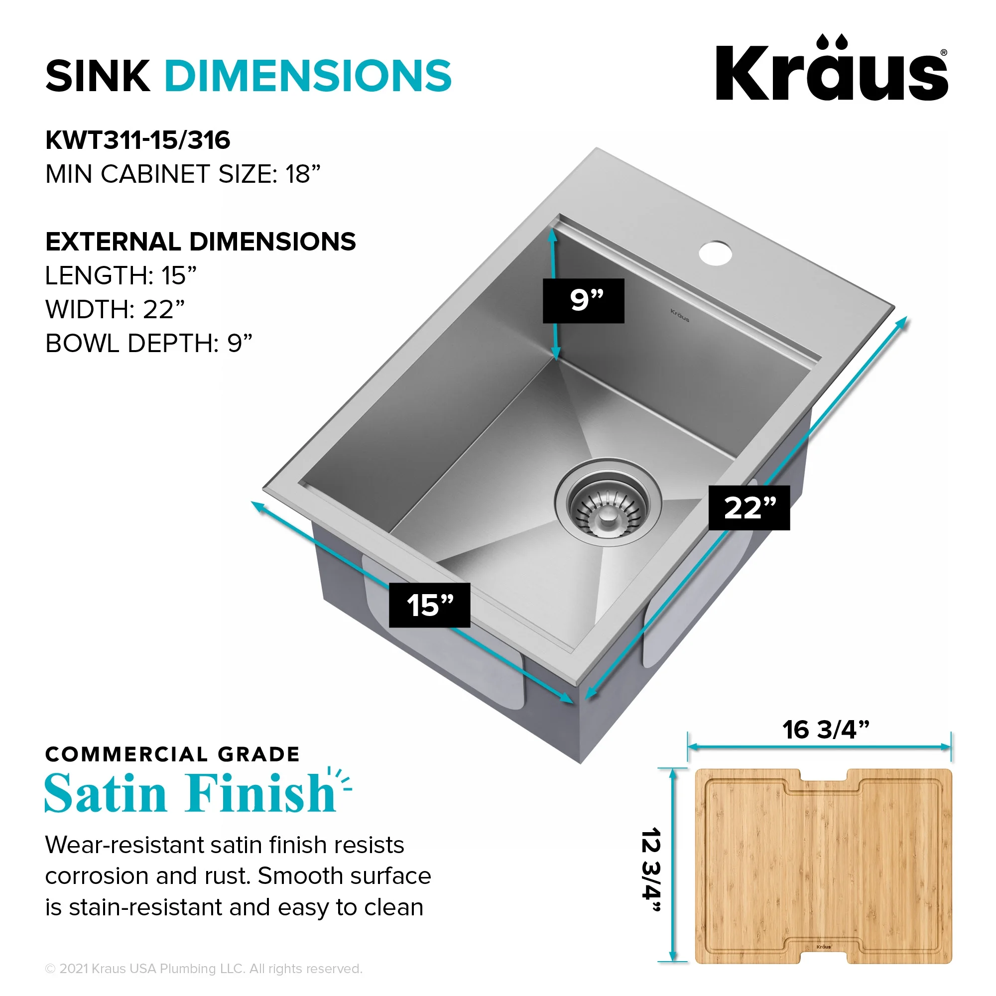 Kraus Kore 15 Outdoor Workstation Drop-In 16 Gauge Marine Grade T-316 Stainless Steel Single Bowl Kitchen Bar Sink with Accessories