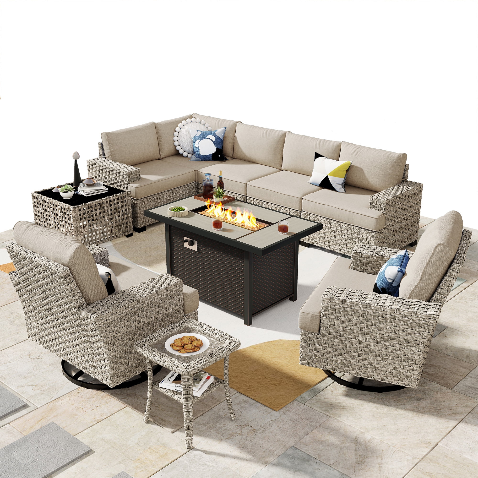 Ovios 10 Pieces Outdoor Patio Furniture Modern High-Back All-Weather Wicker Sectional Conversation Set with Propane Fire Pit Table & Swivel Chair, Dark Gray
