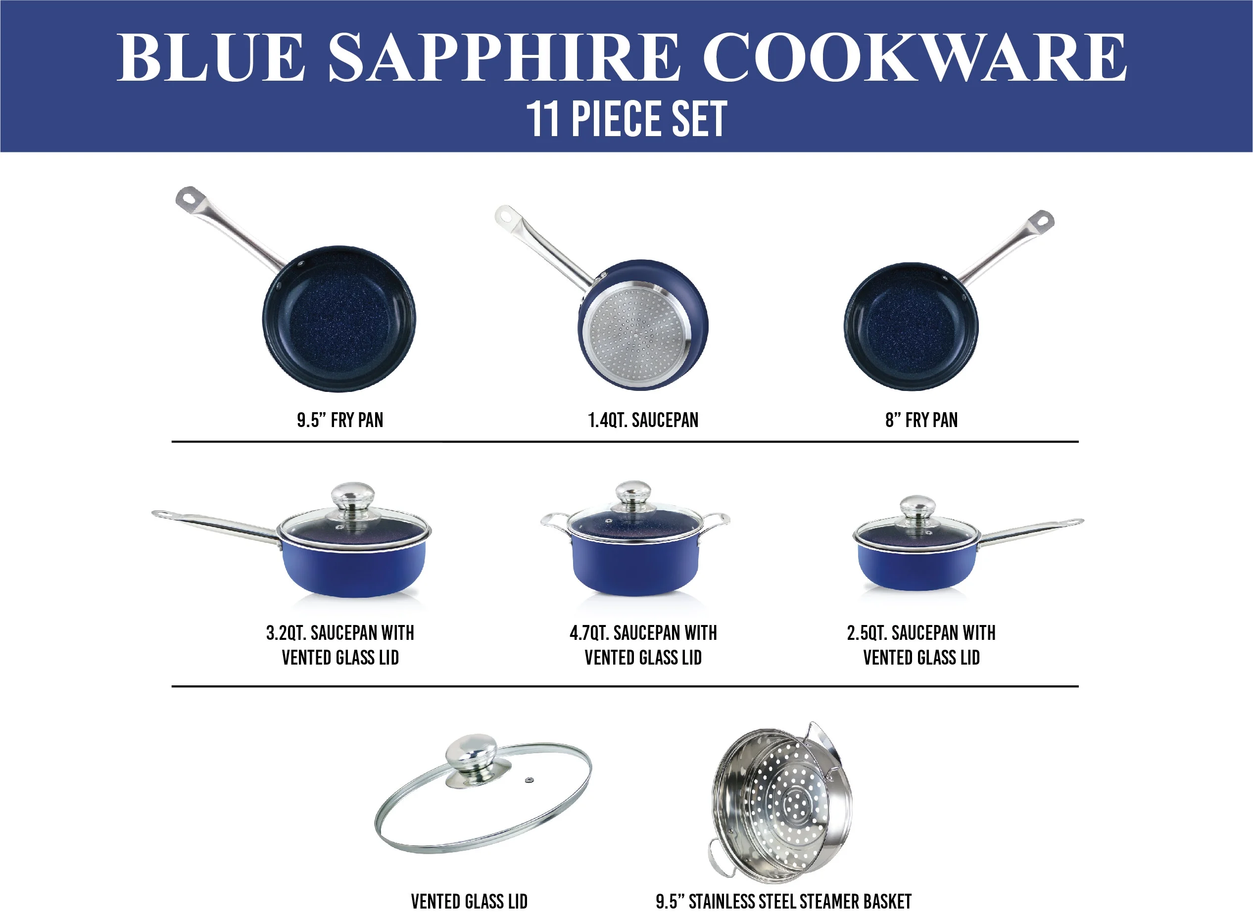 Simple & Co. 11-Piece Ceramic Cookware Set, Blue Sapphire Pans & Pots Induction Safe