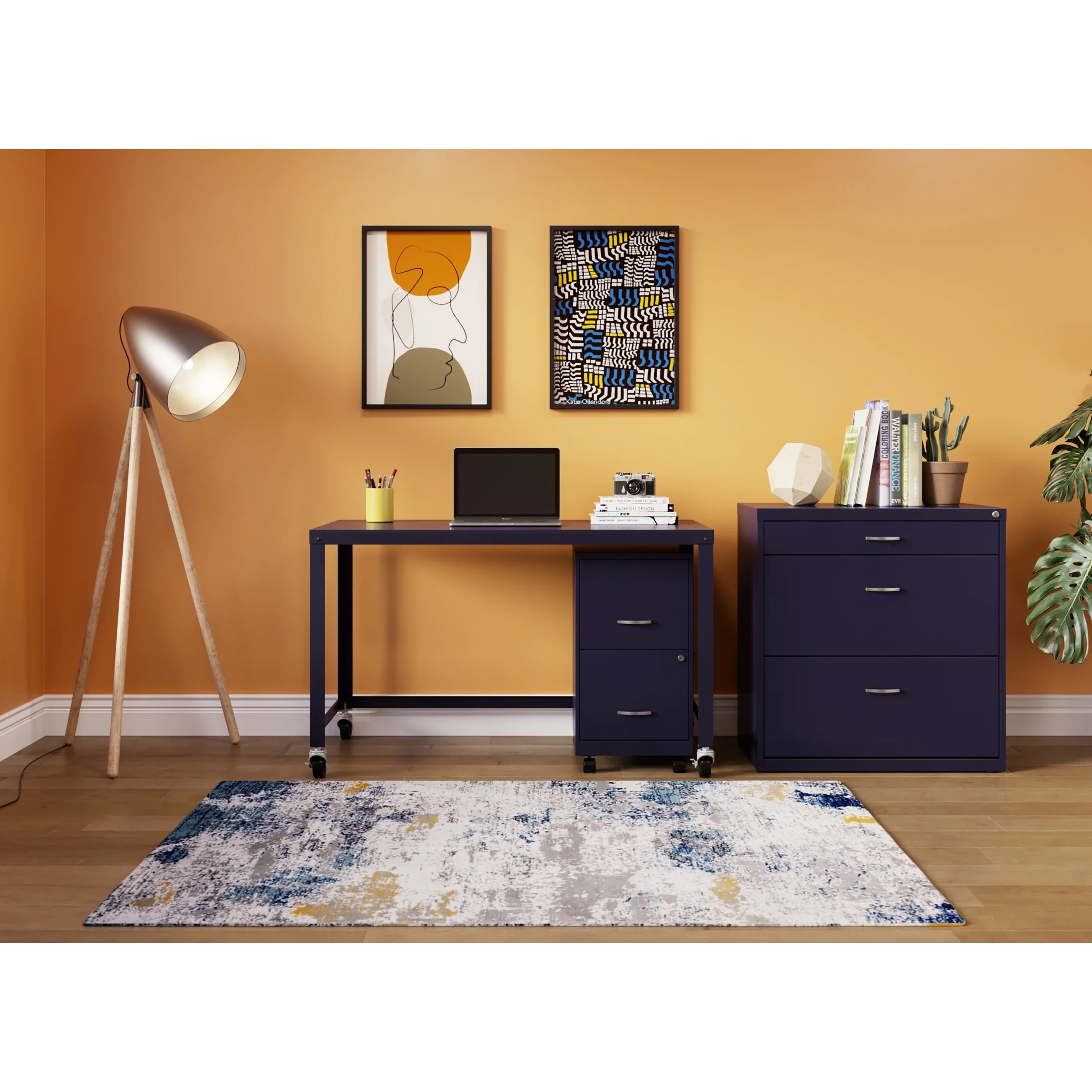 Space Solutions Ready-to-Assemble 48-inch Wide Mobile Metal Desk for Home Office, Navy