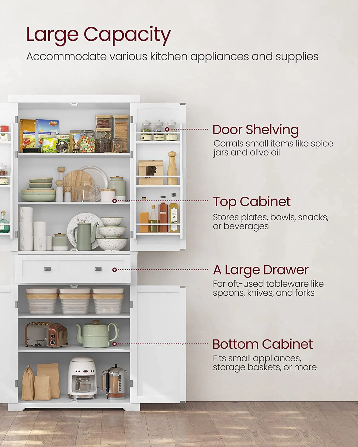 VASAGLE 71.9 Inch Kitchen Pantry Storage Cabinet  Tall Freestanding Cupboard with 1 Large Drawer 6 Hanging Shelves for Dining Room Laundry White