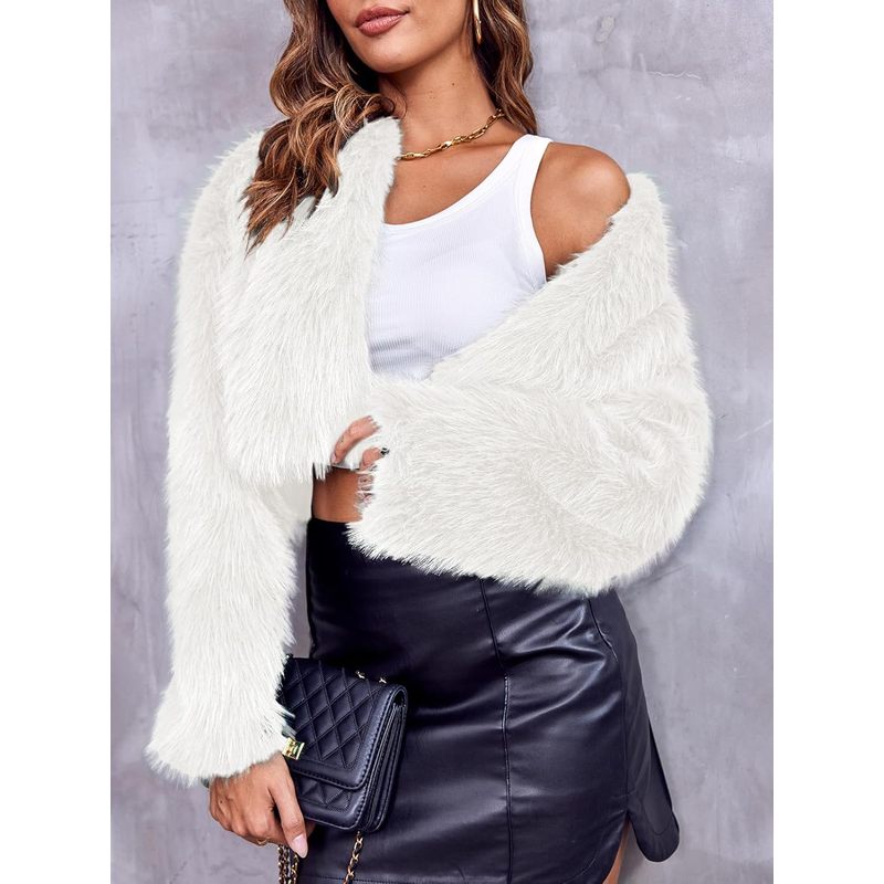 Women's Fashion Cropped Faux Fur Jacket Long Sleeve