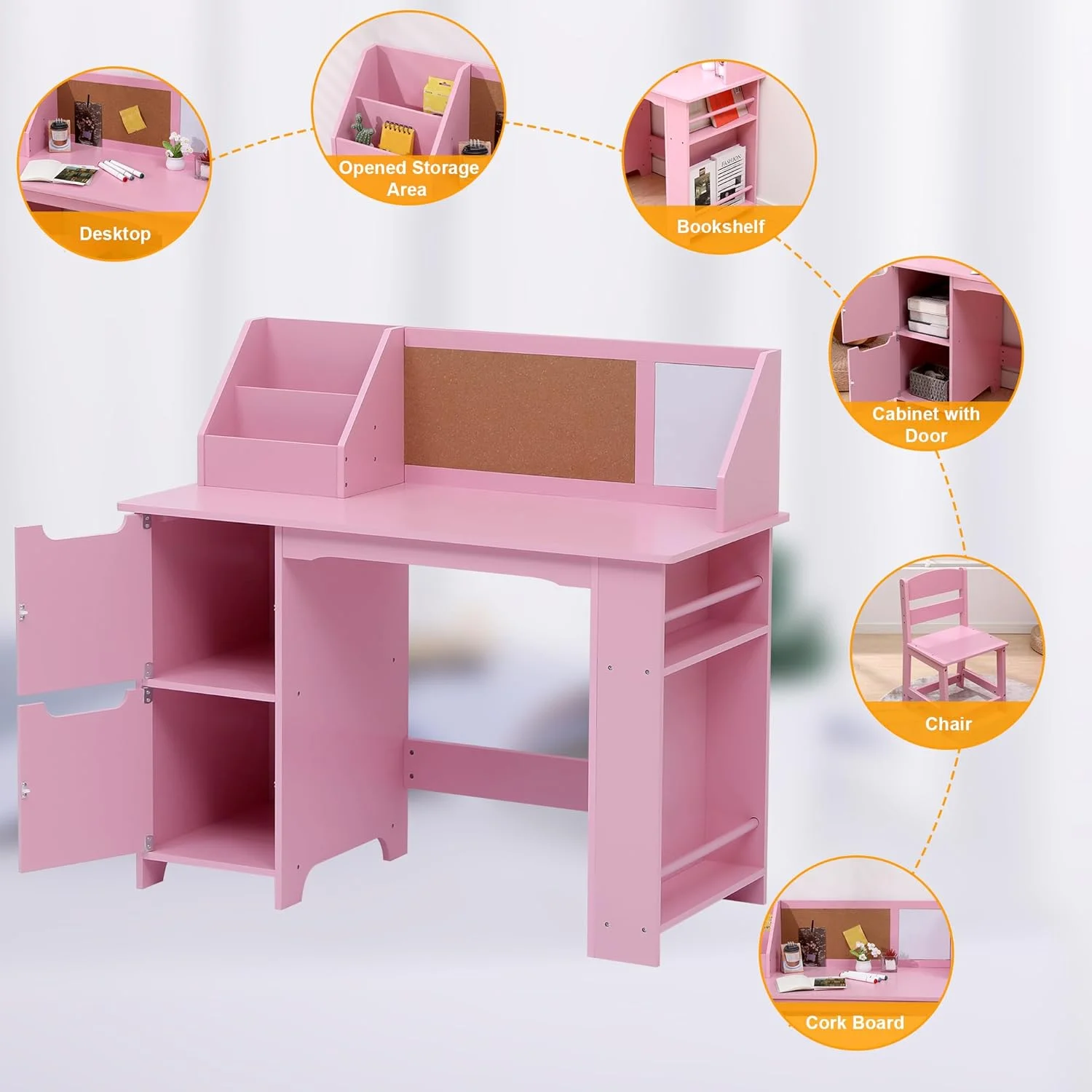 Garvee Kids Study Desk and Chair Set, Wooden School Learning Table with Storage, Kigs Writing Desk with Hutch and Bulletin Board, Children Computer Desk with Chair, Small Toddler Desk for Home, Pink