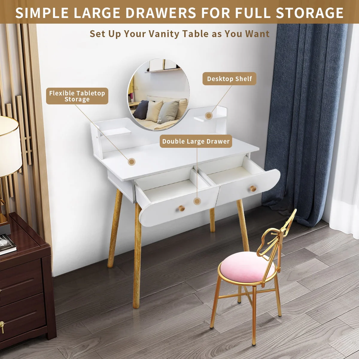 Modern Vanity Table Makeup Desk, 2 Drawers and 4 Shelves for Bedroom White(Without Stool and LED)