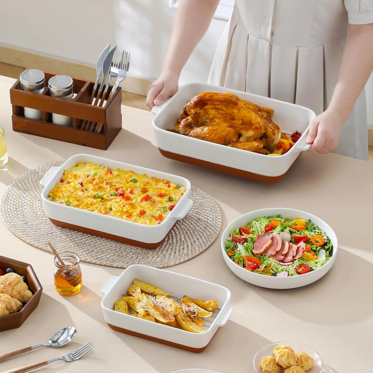 Casserole Dishes for Oven with Roasting Racks, Ceramic Baking Dishes Set of 3, Baking Pan Casserole Dish Set, Rectangular Lasagna Pan Deep with Handles for Baking, Khaki White (14.5''/13''/10.5''),