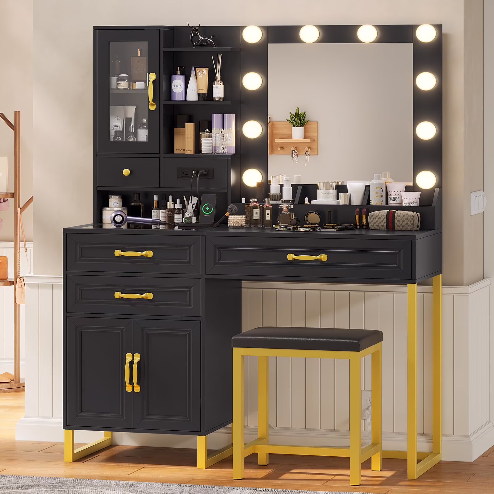 AMUZER Modern Vanity Desk Set with Mirror and Lights & Stool, Makeup Vanity Table with Charging Station, 4 Stoarge Drawers & Double-Door Cabinet, White