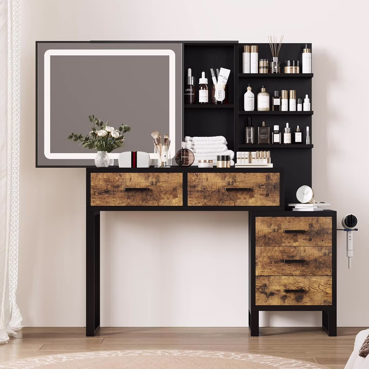 Vanity Desk with Adjustable LED Lighted Sliding Mirror,Makeup Vanity with 5 Drawers&Open Shelves for Bedroom