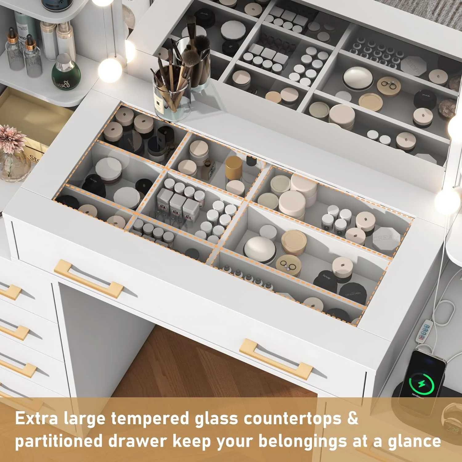 White Vanity Desk with Mirror & LED Lights, Glass Top Vanity Desk with Charging Station & Compartment Storage Drawers, 43